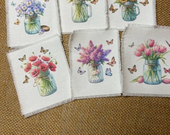 6 Mason Jar - Wild Flower Images printed on cotton poplin fabric, are ready to add to your creations.