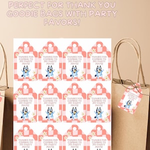 Etiquetas de agradecimiento para fiestas azules, ideales para bolsas de regalo y recuerdos de fiesta. Tarjetas de agradecimiento retro para niñas, con cuadros rosas y melocotón y flores.