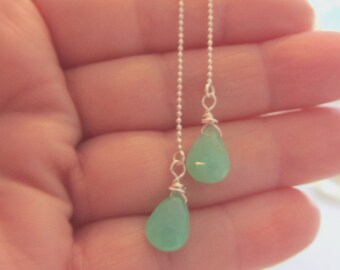Chrysoprase Earrings, Green Chrysoprase Earrings, Threader Earrings,Sterling Silver Threaders, Gemini Birthday, Gemstone Threaders