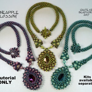 May include: Three beaded necklaces with matching pendants. The necklaces are made with small, iridescent beads in shades of green, purple, and blue. The pendants are round and feature a larger, faceted gemstone in the center. The text "Pineapple Blossom" is visible above the purple necklace, and the text "Haute Ice Beadwork 2017" is visible above the blue necklace. The text "eTutorial ONLY" is visible below the purple necklace, and the text "Kits available separately" is visible below the blue necklace.