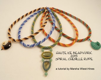 Tutorial electrónico para tejer cuentas con cuerda de chenilla en espiral (dos paletas) con cinco gráficos en espiral adicionales.