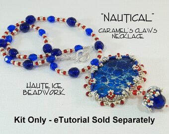 KIT ÚNICO Collar de garras de caramelo, colores rojo náutico, blanco y azul con jaspe compuesto teñido para abalorios avanzados