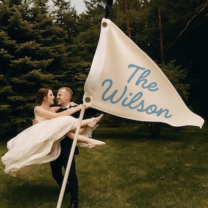 Personalized Wedding Pennant Flag:Canvas Triangle Banner with Last Name, Custom Embroidered Wedding Decoration