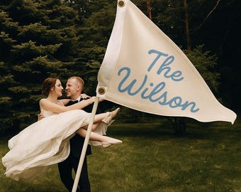 Personalized Wedding Pennant Flag:Canvas Triangle Banner with Last Name, Custom Embroidered Wedding Decoration