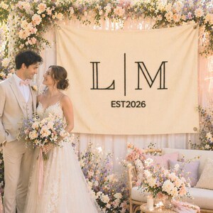 Custom Initials Minimalist Wedding Sign, Hand-embroidered Canvas Flag, Modern Backdrop