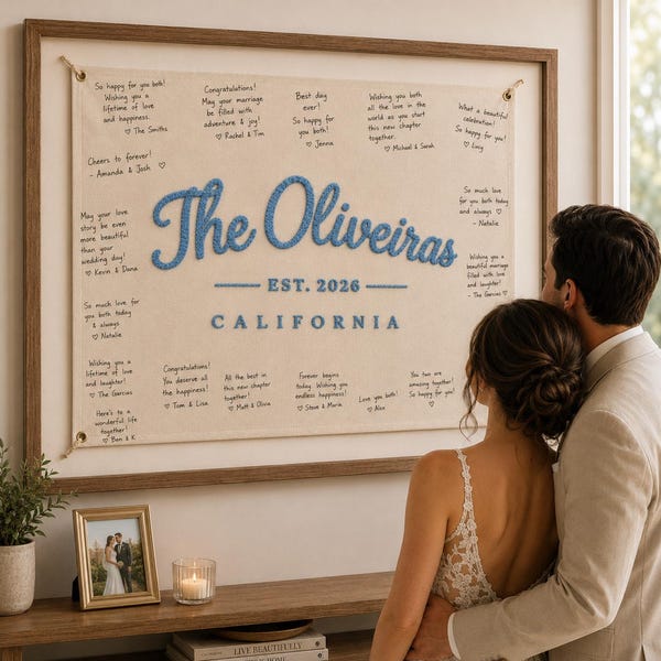 "Handbesticktes Hochzeitsgästebuch aus ""Canvas Banner"", personalisiertes Namensschild ""The Last Name""."
