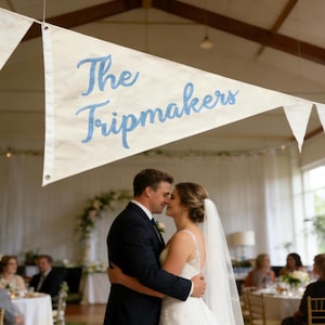 Op de afbeelding: Een banner met de tekst "The Tripmakers" in blauwe glitter hangt boven een stel dat elkaar omhelst. De bruid draagt een witte trouwjurk en sluier. De bruidegom draagt een donker pak. Gasten zitten op de achtergrond aan tafels.