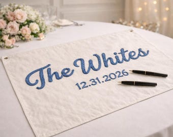 Hand-Stitched Embroidered Wedding Guest Book Canvas Banner, Personalized Last Name Sign