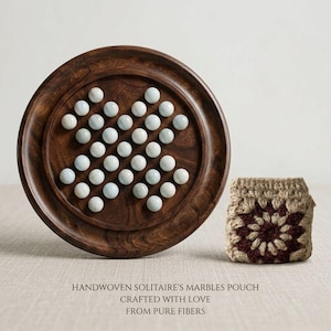 Wooden Solitaire Board Game | 9" Round Peg Game with Glass Marbles