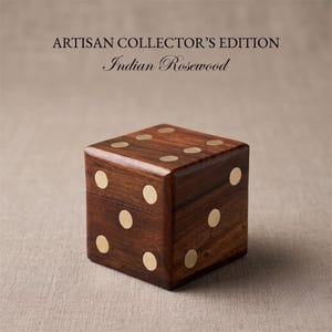 May include: A square box crafted from dark brown Indian Rosewood, shaped like a die with inlaid circular brass pips on the top and sides. The text ARTISAN COLLECTOR'S EDITION Indian Rosewood is printed in black above the wooden die box.