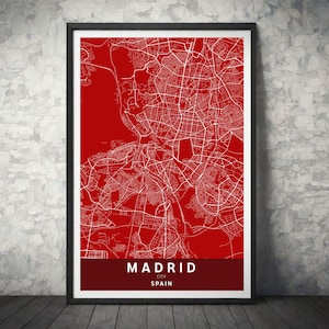 Minimalistische Karte von Madrid in Weiß auf rotem Hintergrund | Kartenposter | Sofortiger Download