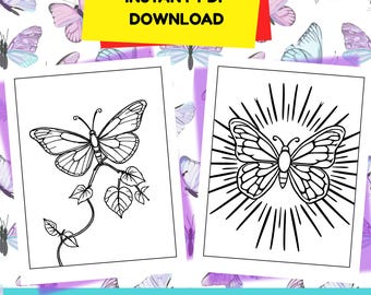 Minimalistische vlinderkleurplaten, afdrukbare vlinderkunst om in te kleuren, kleurplaten voor tieners en volwassenen, natuurkleuring, pdf-kleuring