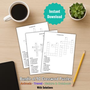 90 Printable Crossword Puzzles for Adults – Animal, Travel & Nature Bundle | Easy to Medium Difficulty | Instant Digital Download