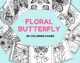 Bloemen vlinder kleurplaten, afdrukbare vlinderkunst om in te kleuren, kleurplaten voor tieners en volwassenen, natuur kleurplaten, pdf-kleurplaten