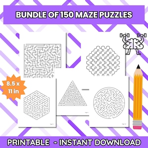 Könnte beinhalten: Ein Paket mit 150 Labyrinth-Rätseln in verschiedenen geometrischen Formen, darunter ein Quadrat, ein Sechseck, ein Dreieck und ein Kreis. Die Rätsel sind auf Papier im Format 21,6 x 27,9 cm gedruckt. Ein gelber Bleistift mit rosa Radiergummi ist rechts. Text: "PRINTABLE - INSTANT DOWNLOAD".