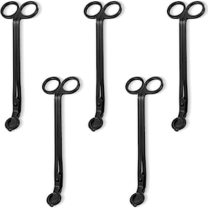 May include: Set of six black metal candle wick trimmers with a scissor-like design. Each trimmer has a long handle and a rounded tip.
