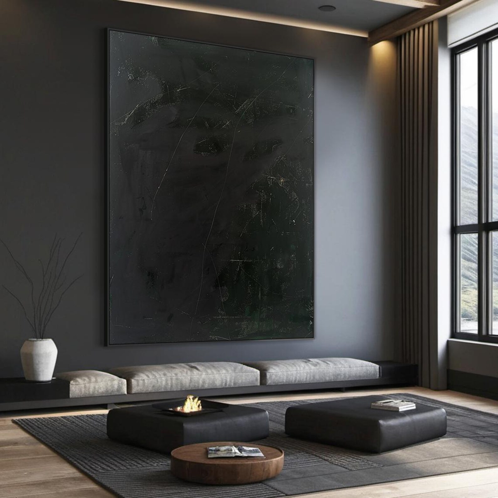 Large Black Minimalist Murals, Black Wabisabi Wall Paintings, Black