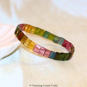 Natural Rainbow Tourmaline Bracelet | Multi-color Tourmaline | 8mm Stretch Rectangle Beaded Gemstone Bracelet | Gift for Her