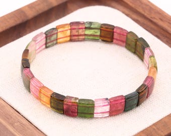 Natuurlijke regenboog toermalijnarmband, 7 mm stretch rechthoekige edelsteenarmband met kralen, cadeau voor haar