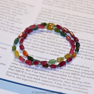 Natural Rainbow Tourmaline Bracelet | Multi-color Tourmaline | 4mm Stretch Barrel Shape Beaded Gemstone Bracelet | Gift for Her