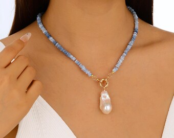 Beaded Blue Opal Clasp Necklace by Charming Cosmic Crafts • Blue Opal Gemstone Chain Necklace • Perfect for Charm Jewelry • Girlfriend Gift