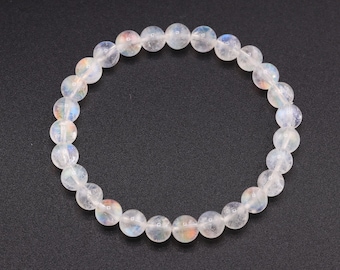 Pulseira de Pedra da Lua Arco-Íris de Madagascar Genuína e Natural AAAA+ de 6 mm