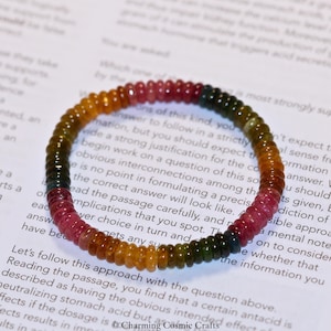 Natural Rainbow Tourmaline Bracelet | Multi-color Tourmaline | 6.5mm Stretch Saucer Shaped Beaded Gemstone Bracelet | Gift for Her