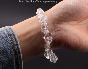 AAAA+ Genuine Clear Quartz Bracelet | 8mm * 6mm Stretch Natural Clear Quartz Chip Shape Beaded Gemstone Bracelet | 100% Transparent