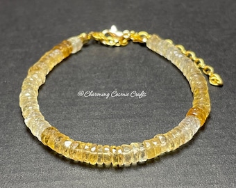 Natural Unheated Citrine Bracelet | Adjustable 5mm Heishi Citrine Beaded Clasp Gemstone Bracelet | Solar Plexus Chakra | Christmas Gifts
