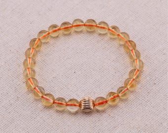 7mm AAAA Unheated Untreated Genuine Citrine Beaded Bracelet, Stretch Round Beaded Citrine Bracelet, 14K Gold Filled Charm