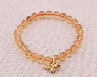 7mm AAAA Unheated Untreated Genuine Citrine Beaded Bracelet, Stretch Round Beaded Citrine Bracelet, 14K Gold Filled Initial Letter Charm