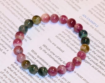 AAAA Genuine Watermelon Tourmaline Bracelet | 7mm Stretch Watermelon Tourmaline Beaded Gemstone Bracelet | Brazilian Tourmaline
