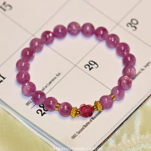RARE! Pink Lepidolite Bracelet with Pink Tourmaline Rose Charm | 8mm Stretchable Beaded Gemstone Bracelet | Valentines Gift for Her