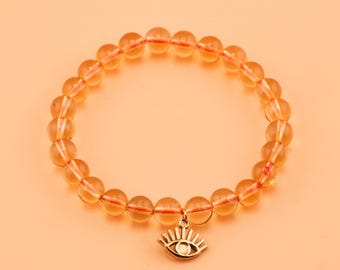 7mm AAAA Unheated Untreated Genuine Citrine Beaded Bracelet, Stretch Round Beaded Citrine Bracelet, 14K Gold Filled Evil Eye Charm