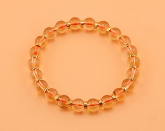 7mm AAAA Unheated Untreated Genuine Citrine Beaded Bracelet, Stretch Round Beaded Citrine Bracelet, 14K Gold Filled
