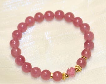 Pulseira de Quartzo Rosa de Madagascar AAA+ com Pingente de Turmalina Rosa | Pulseira Elástica de Quartzo Rosa de 8 mm | Presente de Dia dos Namorados para Ela