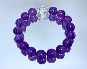 AAAA+ Uruguayan Amethyst, Clear Crystal | 8mm Stretch Amethyst Beaded Gemstone Bracelet | Healing Crystal | Gift for Mom | Gift for Her