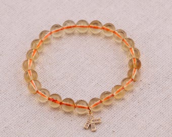 7mm AAAA Unheated Untreated Genuine Citrine Beaded Bracelet, Stretch Round Beaded Citrine Bracelet, 14K Gold Filled Letter Initial