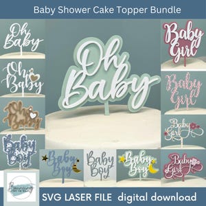 12 pacchetti di decorazioni per torte per baby shower di file digitali SVG, file GLOWFORGE pronti per il laser