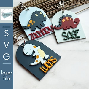 Niedliche Dinosaurier Rucksack Namensschild Trio SVG Digitale Datei GLOWFORGE Dateien Laser bereit