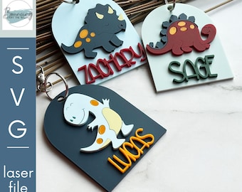 Cute Dinosaurs Back Pack Name Tag Trio SVG Digital File GLOWFORGE Files Laser Ready