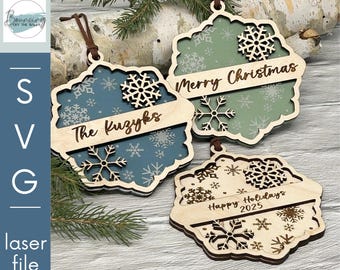 Customizable Snowflake Christmas Ornament, Layered Laser Cut File (SVG, AI, PDF)
