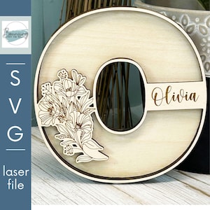 Letra O con arte de amapola para la decoración del hogar de la guardería Archivo digital SVG personalizable Archivos GLOWFORGE compatibles con láser