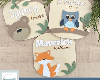 Cartello con nome per bambino "Woodland" in formato SVG, orso, volpe, gufo (file digitale)