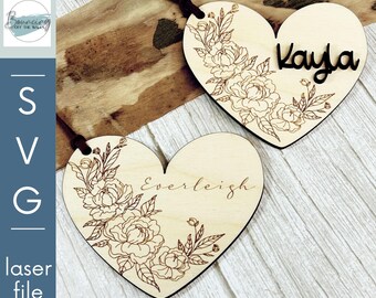 Valentine Peonies Heart Tag Score SVG Digital File GLOWFORGE Files Laser Ready