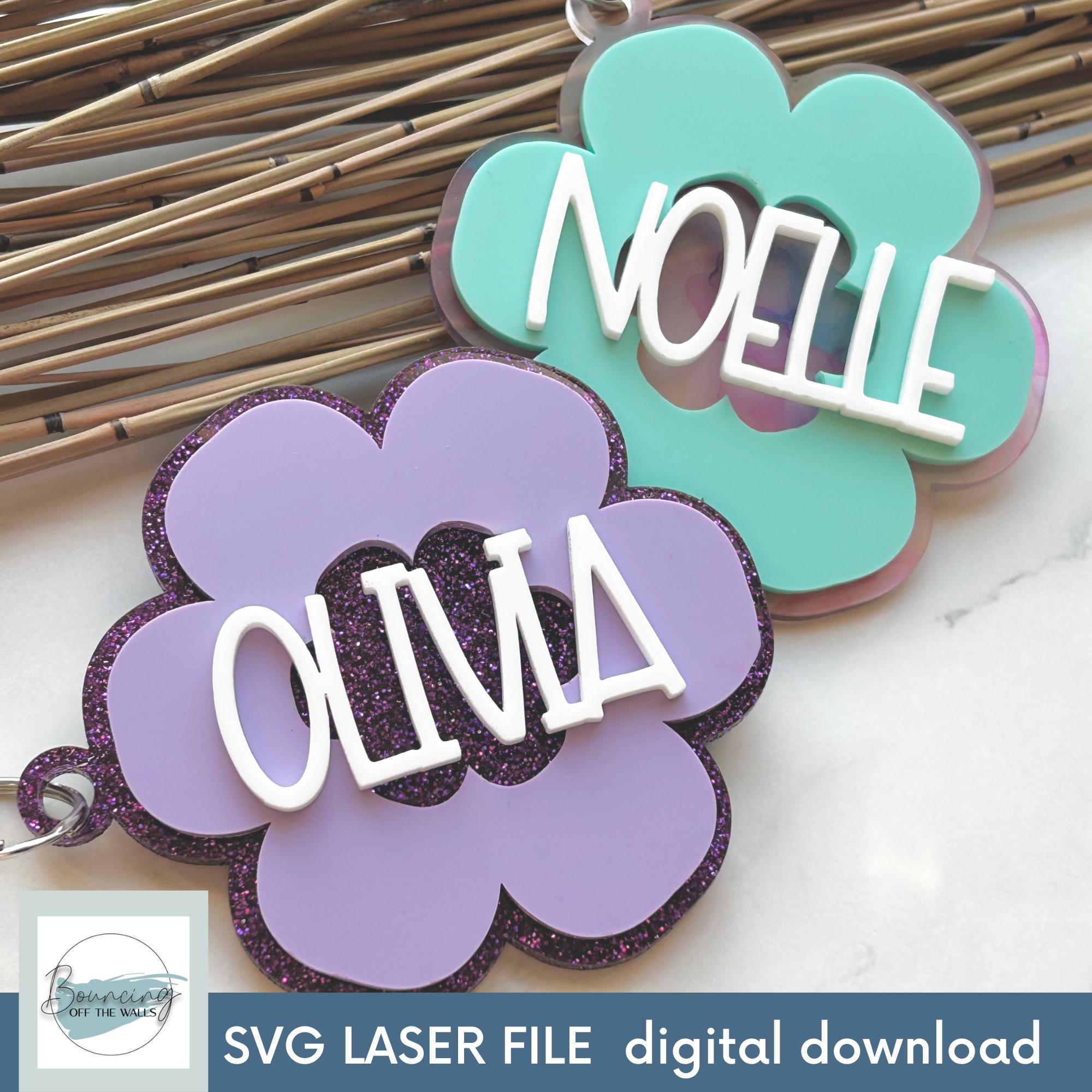 Cute Flower Customizable Back Pack Name Tags Keychain SVG Digital File GLOWFORGE Files Laser Ready