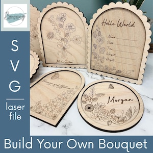 Bouw je eigen boeket Geboortemaand bloemen SVG digitaal bestand GLOWFORGE-bestanden laserklaar voor Moederdag, baby, naambordjes en meer