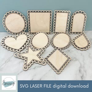 May include: A collection of laser-cut wooden shapes in various forms, including circles, squares, hearts, and stars. Each shape has a decorative scalloped edge. The text "SVG LASER FILE digital download" is displayed at the bottom.