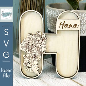Letra H con arte de amapola para la decoración del hogar de la guardería Archivo digital SVG personalizable Archivos GLOWFORGE compatibles con láser