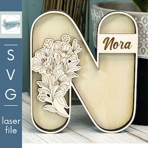Letra N con arte de amapola para la decoración del hogar de la guardería Archivo digital SVG personalizable Archivos GLOWFORGE compatibles con láser